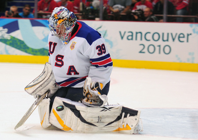 Ryan Miller makes one of his 42 saves against Canada in 2010 prelim game. (USATSI)
